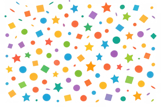 Colorful falling confetti pattern with stars, circles, and squares on transparent background for celebration
