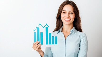 Confident businesswoman holding chart with growth indicators, showcasing success and professionalism in modern office setting