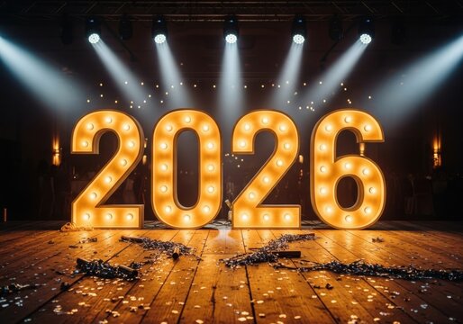 Bright marquee numbers announcing the year 2026 on a stage