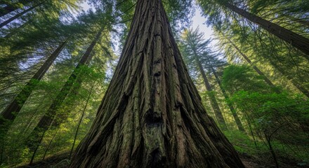 Fototapeta premium Low angle view of a majestic, ancient tree trunk towering into a lush green forest canopy