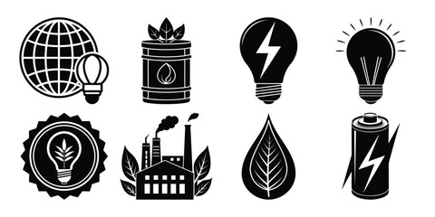 Collection of eco friendly energy and sustainability icons in silhouette style