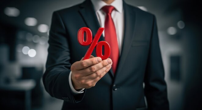 Man in a dark suit holding a prominent red percentage symbol towards the viewer in an office