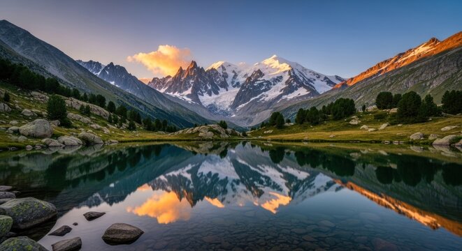 Majestic snow-capped peaks reflect in a clear alpine lake under golden sunrise light