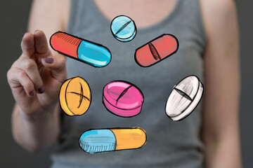 Hand drawn pills and capsules float near a woman's hand, representing healthcare, medicine, or treatment.