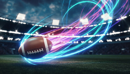 American Football with Glowing Neon Light Trails in a Futuristic Stadium.