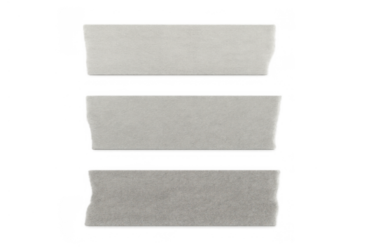 Assorted torn masking tape strips with textured edges and shadows, isolated on transparent background for design overlays and labels