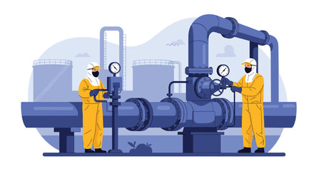 Two industrial workers in protective gear are operating valves and monitoring gauges on a large pipeline system at an industrial facility.