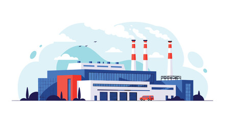 A modern industrial factory complex with blue, white, and red architectural elements, featuring three tall smokestacks emitting white steam.