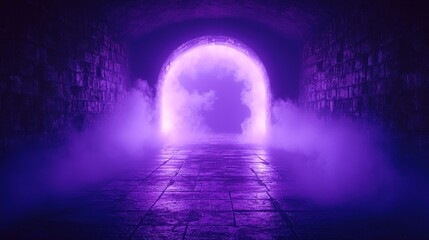 Mysterious dark brick tunnel with a glowing purple arched portal and thick smoke