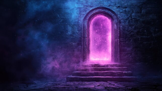 Mysterious purple glowing portal in ancient stone wall, steps, ethereal blue mist - Powered by Adobe