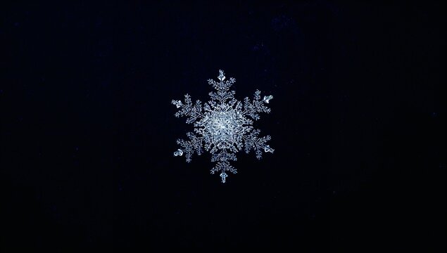 Macro photograph of a real, intricate snowflake isolated on a black background.