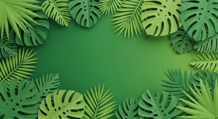 Paper-cut tropical leaves frame a vibrant green background with a central copy space