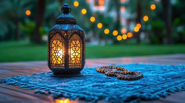 Ornate lantern with warm glow, wooden beads, patterned cloth on wood, bokeh lights - Powered by Adobe
