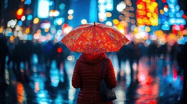 Rainy city night person with red umbrella, vivid blurred lights reflect on wet street