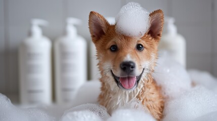 Cheerful puppy surrounded by bubbles, enjoying a playful bath experience with shampoo bottles in the background.