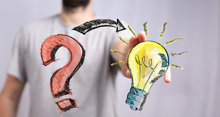 Hand holding a lightbulb, transforming a question mark into a solution.  Innovation, creativity,...