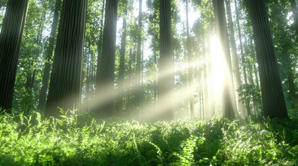 Naklejka premium Serene forest scene with tall trees and sunlight streaming through leaves, creating peaceful atmosphere