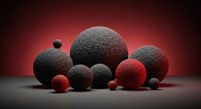 Rough black and red textured spheres of various sizes on a dark surface, red background