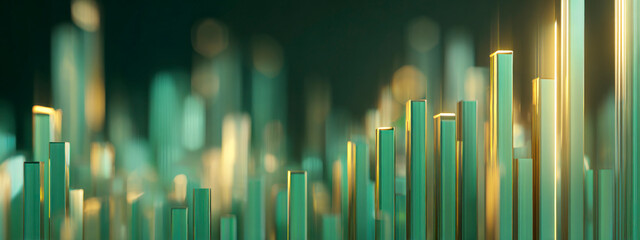 Abstract glowing 3D bars in green and orange tones, representing business analytics, digital finance, technology, and data growth concept. banner 