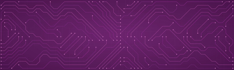 Purple Circuit Board Pattern with Geometric Lines and Small Nodes on a Dark Purple Gradient Background Vector