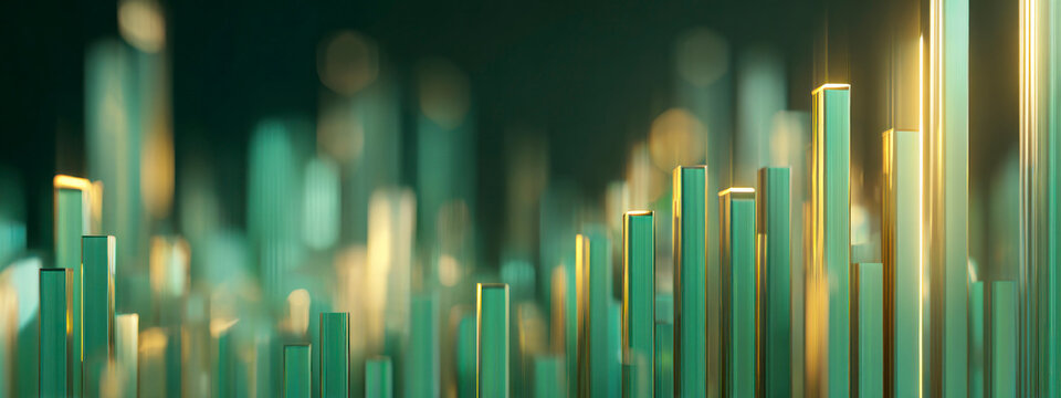 Abstract glowing 3D bars in green and orange tones, representing business analytics, digital finance, technology, and data growth concept. banner  - Powered by Adobe