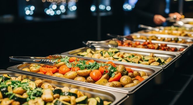 Rows of stainless steel chafing dishes filled with diverse cooked vegetables at a buffet
