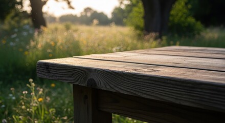 Fototapeta premium Rustic wooden table corner glows in warm sunlight, against a blurred golden meadow