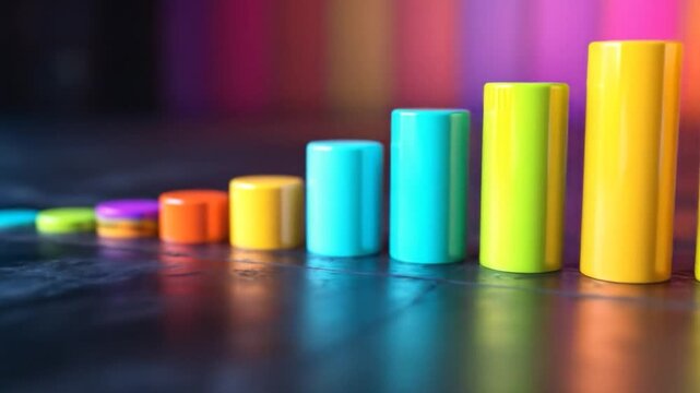 Colorful cylindrical bars ascend in height and color from left to right, casting reflections