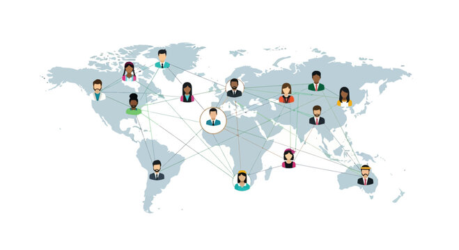 Global business connections with diverse team collaborating worldwide, showing international network, teamwork, and communication on world map, vector origin