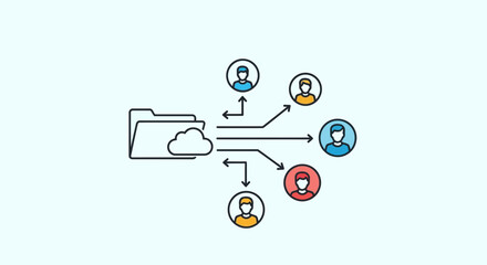 Dynamic data flow concept connecting cloud storage to diverse user groups for seamless information sharing and collaboration.