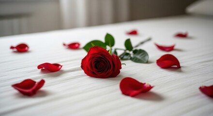 Single red rose with green stem and scattered petals on a textured white bed sheet