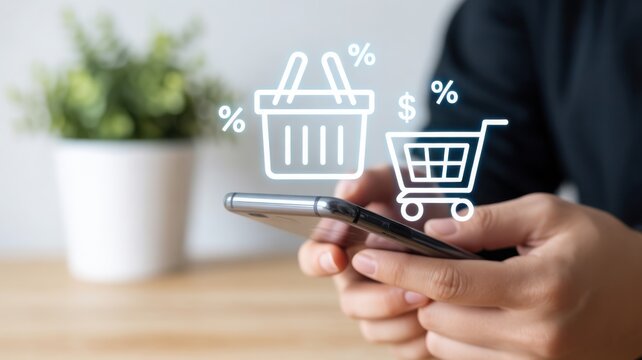 Smartphone user doing online shopping with shopping basket icon and percentage sign - Powered by Adobe