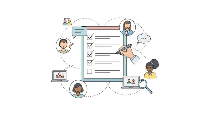 Diverse team collaborating on project checklist, strategizing tasks and achieving goals with modern technology and clear communication for business success.