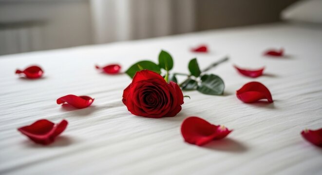Single red rose with green stem and scattered petals on a textured white bed sheet - Powered by Adobe