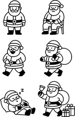 Black and white minimalist vector illustration of Santa Claus in various poses like walking, waving, and carrying gifts, clean line art style, scalable design