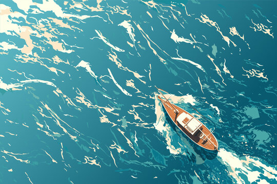 Top view of a yacht sailing on the sea, vector illustration