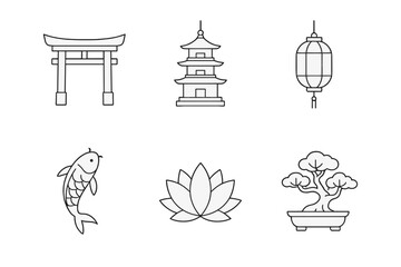 Cultural symbols representing traditional Asian art and nature in a minimalist style