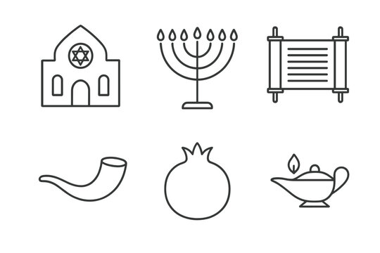 Symbols of Jewish tradition including a synagogue, menorah, Torah scroll, shofar, pomegranate, and oil lamp