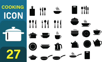 Collection of cooking and kitchen utensil icons representing food preparation and dining