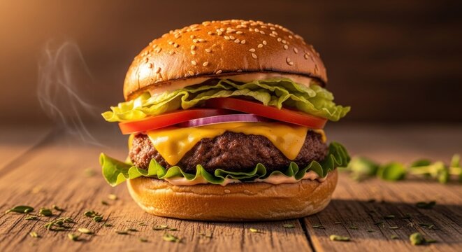 Steaming gourmet cheeseburger with melted cheese, fresh veggies, sesame bun on rustic wood