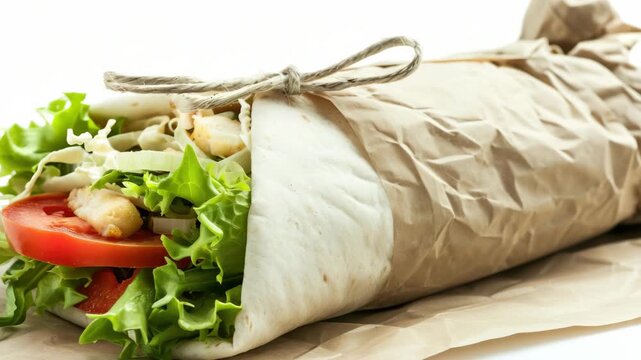 A wrap of food with lettuce, tomatoes, and chicken