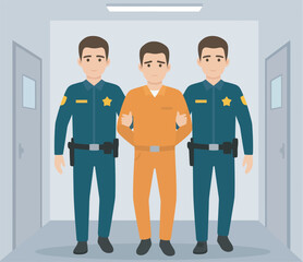 Two police officers escorting a man in an orange jumpsuit down a hallway.