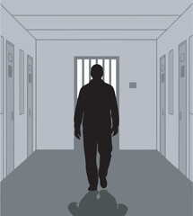 Silhouette of a man walking down a prison corridor towards a barred cell door.