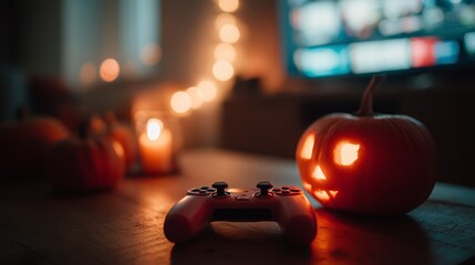 Cozy gaming setup with a controller and jack-o'-lantern, set against a backdrop of warm candlelight and Halloween decor.
