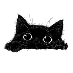 Black cat being adorable and hiding minimal black and white illustration made with Generative AI