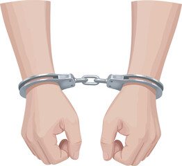 Illustration shows two hands restrained by silver metal handcuffs, symbolizing arrest.