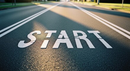 The word 'START' painted on a sunlit asphalt road with double white lines leading onward