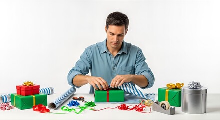 A man is carefully wrapping a green gift box with striped paper and ribbon.