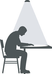 Silhouette of a person seated at a table, illuminated by overhead light, focused.
