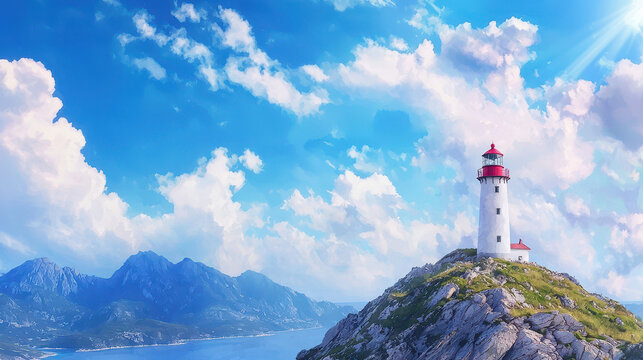 Scenic lighthouse stands on rocky cliff under bright blue sky with fluffy clouds, surrounded by mountains and serene sea - Powered by Adobe